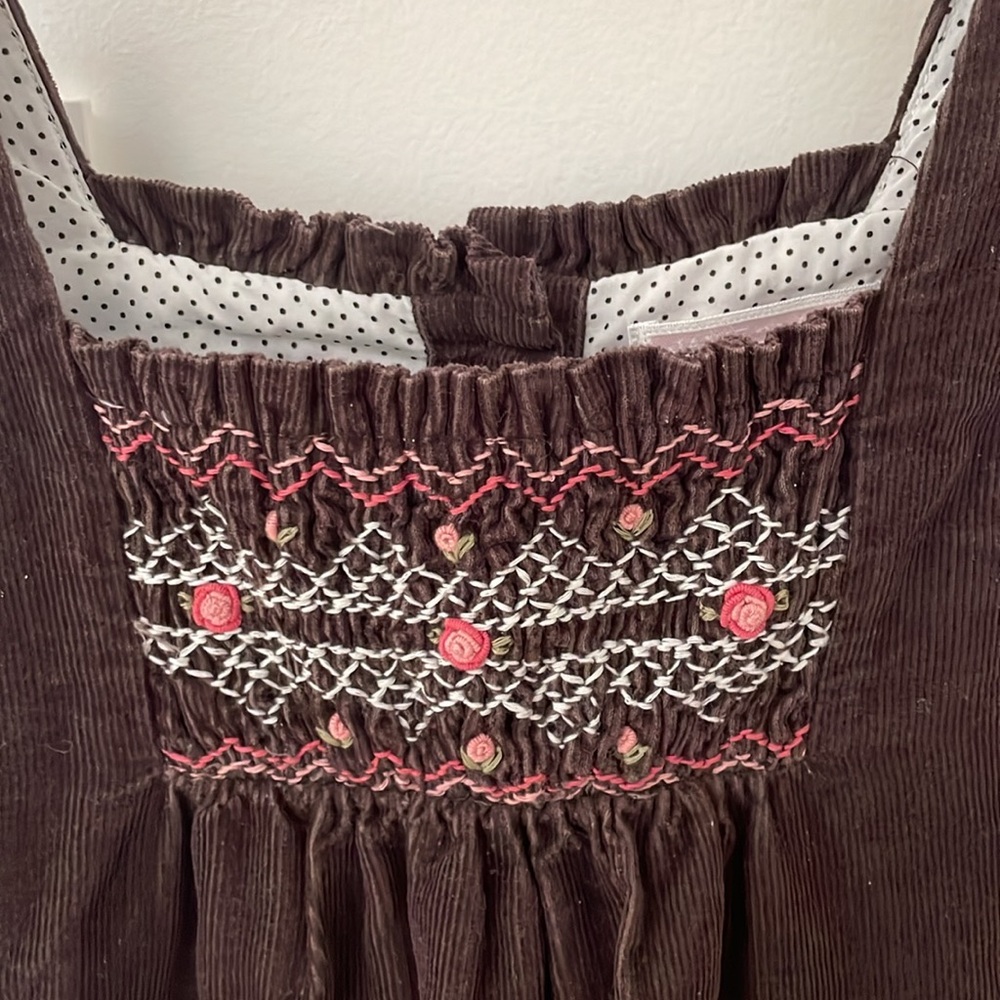Janie and Jack Girls Brown Corduroy Dress | Ruffle Trim Embroidered Sleeveless - Picture 4 of 13